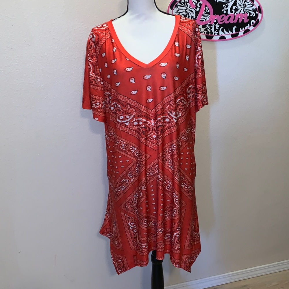 Lily by Firmiana orange asymmetrical red paisley print dress with pockets